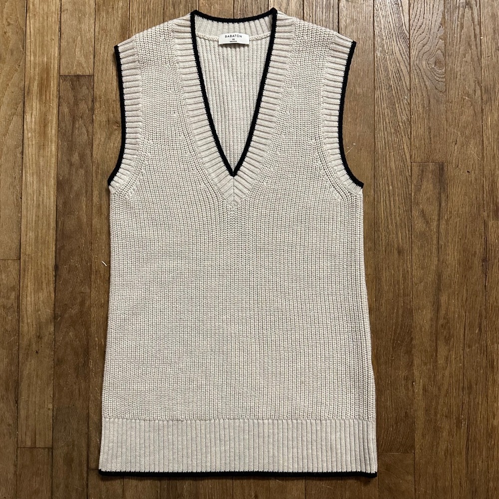 BABATON Cream Merino Wool Sherman V Neck Sweater Vest Top XS Academia Preppy
